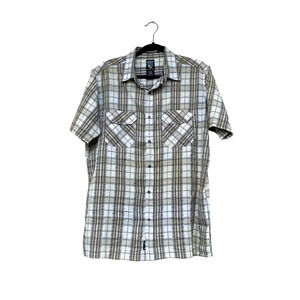 Kuhl Button Down Men’s Shirt Plaid Cream Green Crepe Cotton Short Sleeve SZ M
